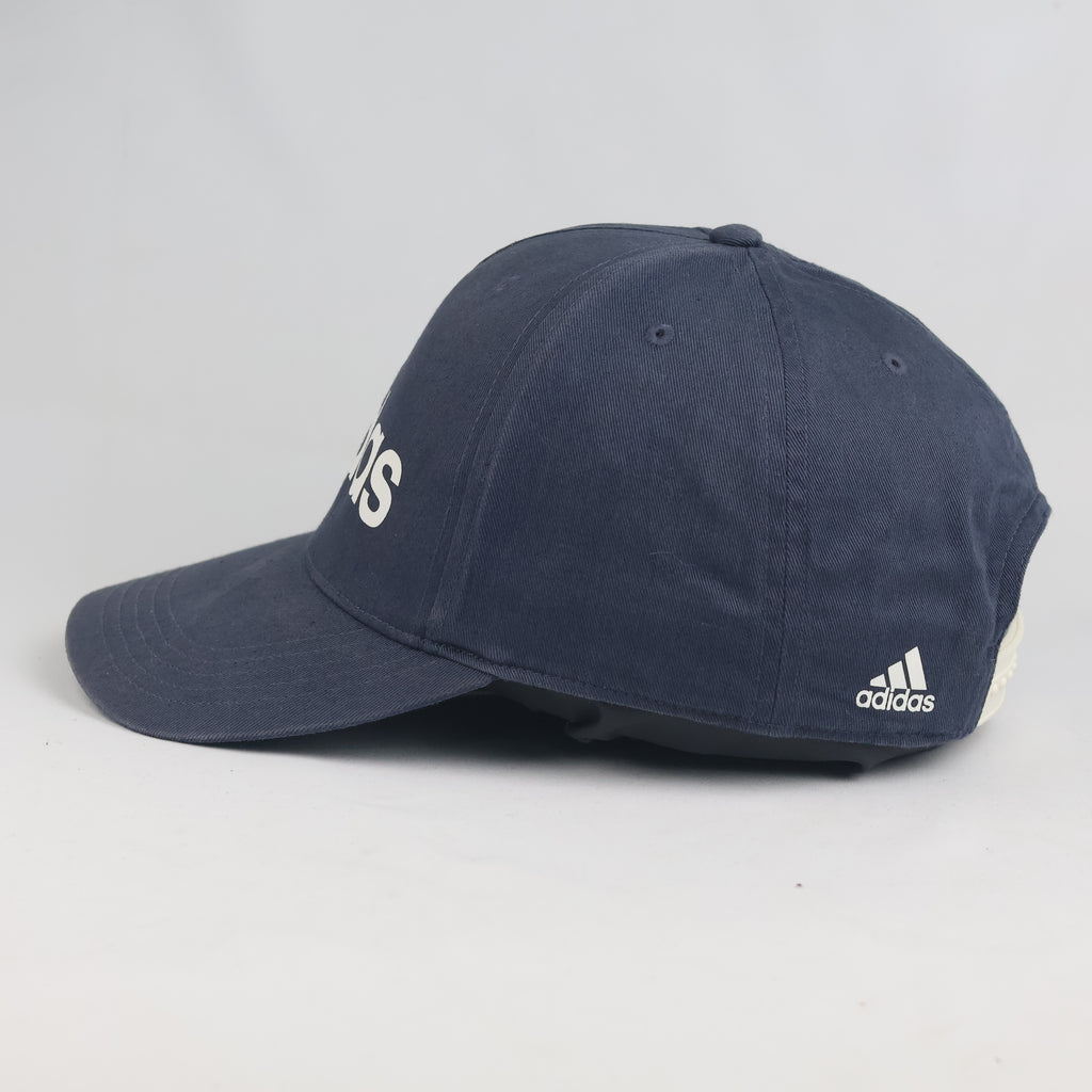 Thrifted Adidas Navy Blue Curved Brim Baseball Cap - Off-White Snapback Strap Hat