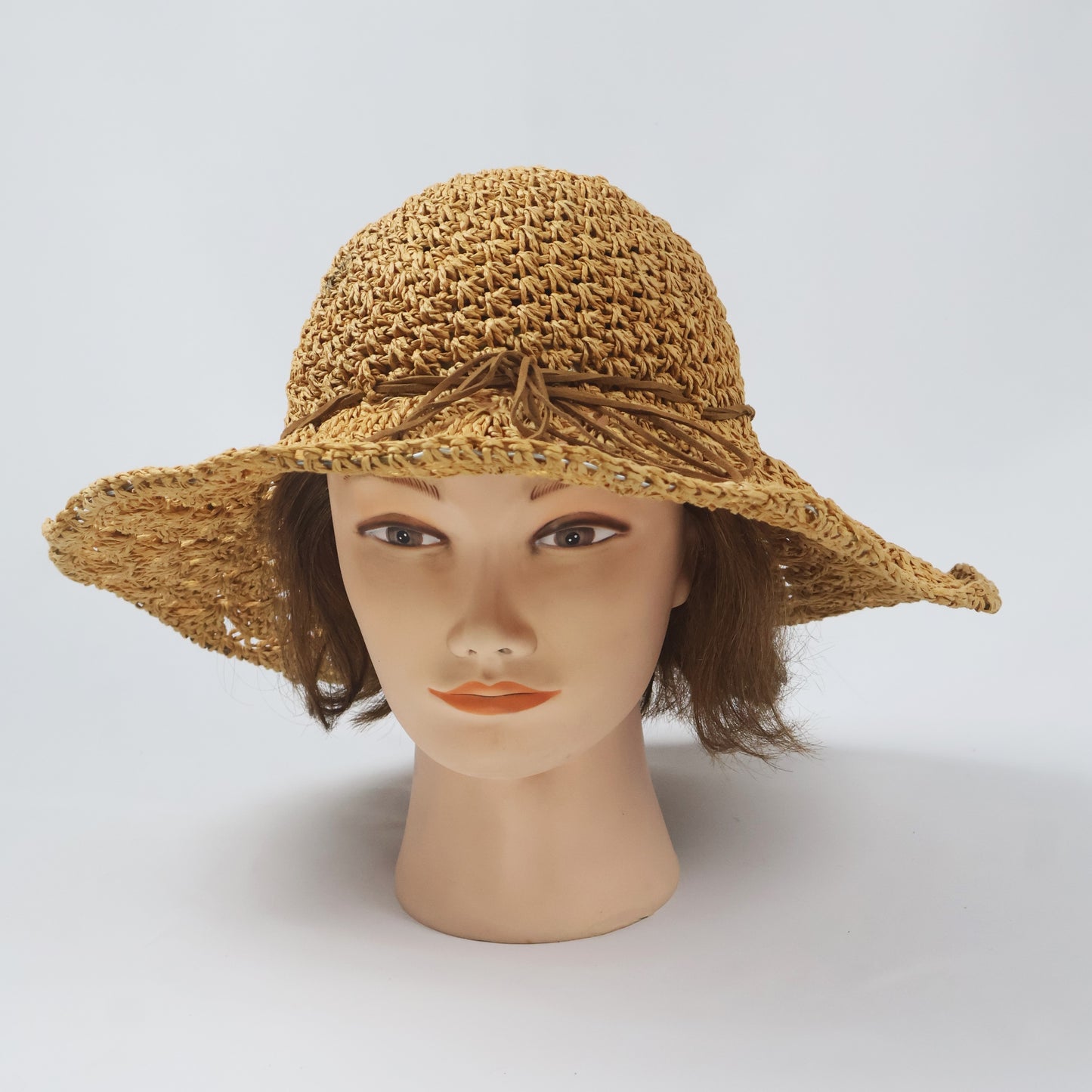 Natural Raffia-Style Floppy Hat with Faux Suede Bow