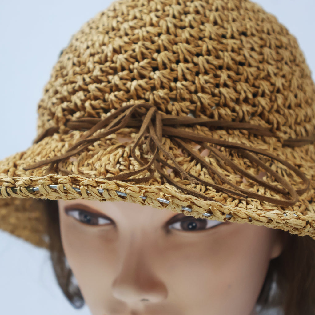 Natural Raffia-Style Floppy Hat with Faux Suede Bow