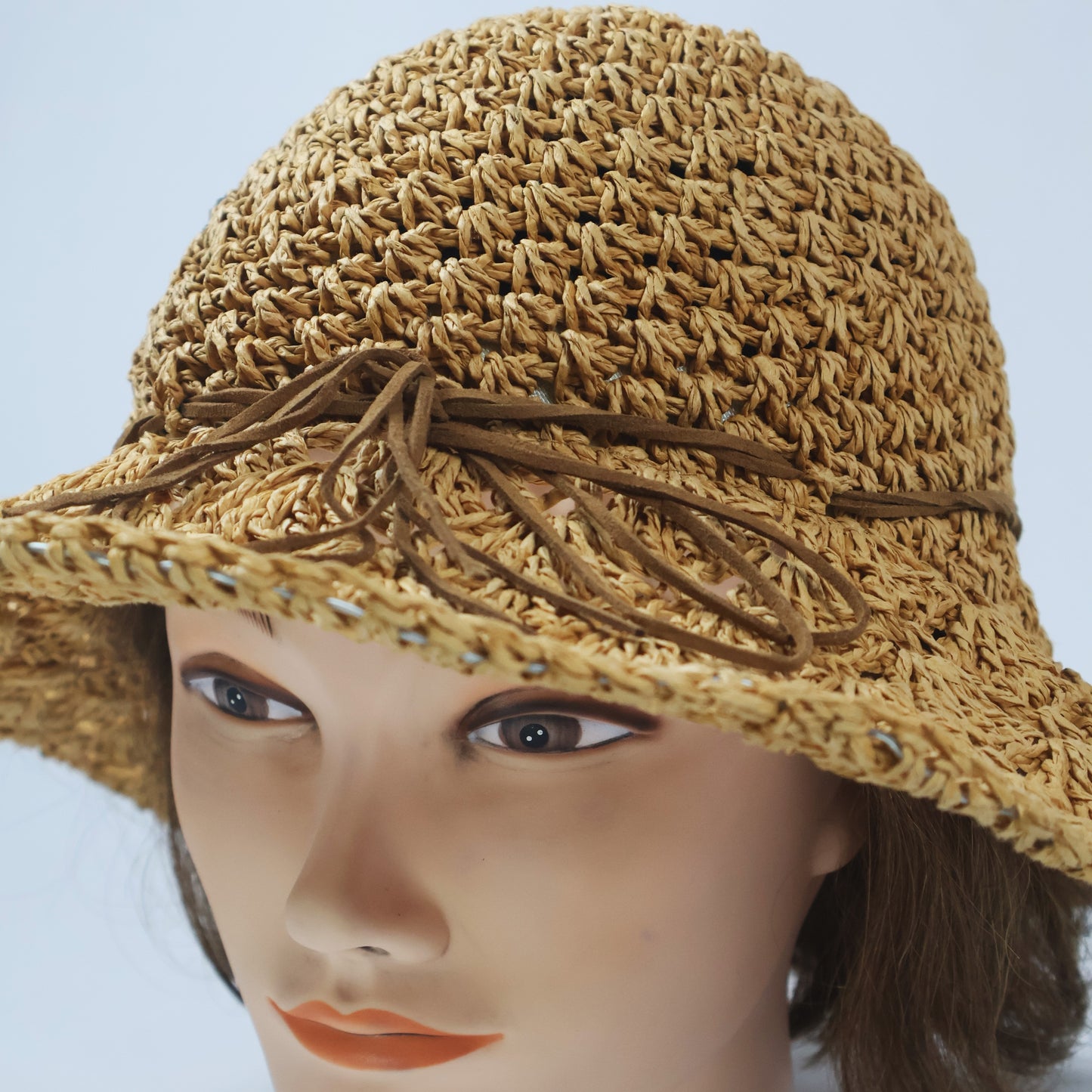 Natural Raffia-Style Floppy Hat with Faux Suede Bow