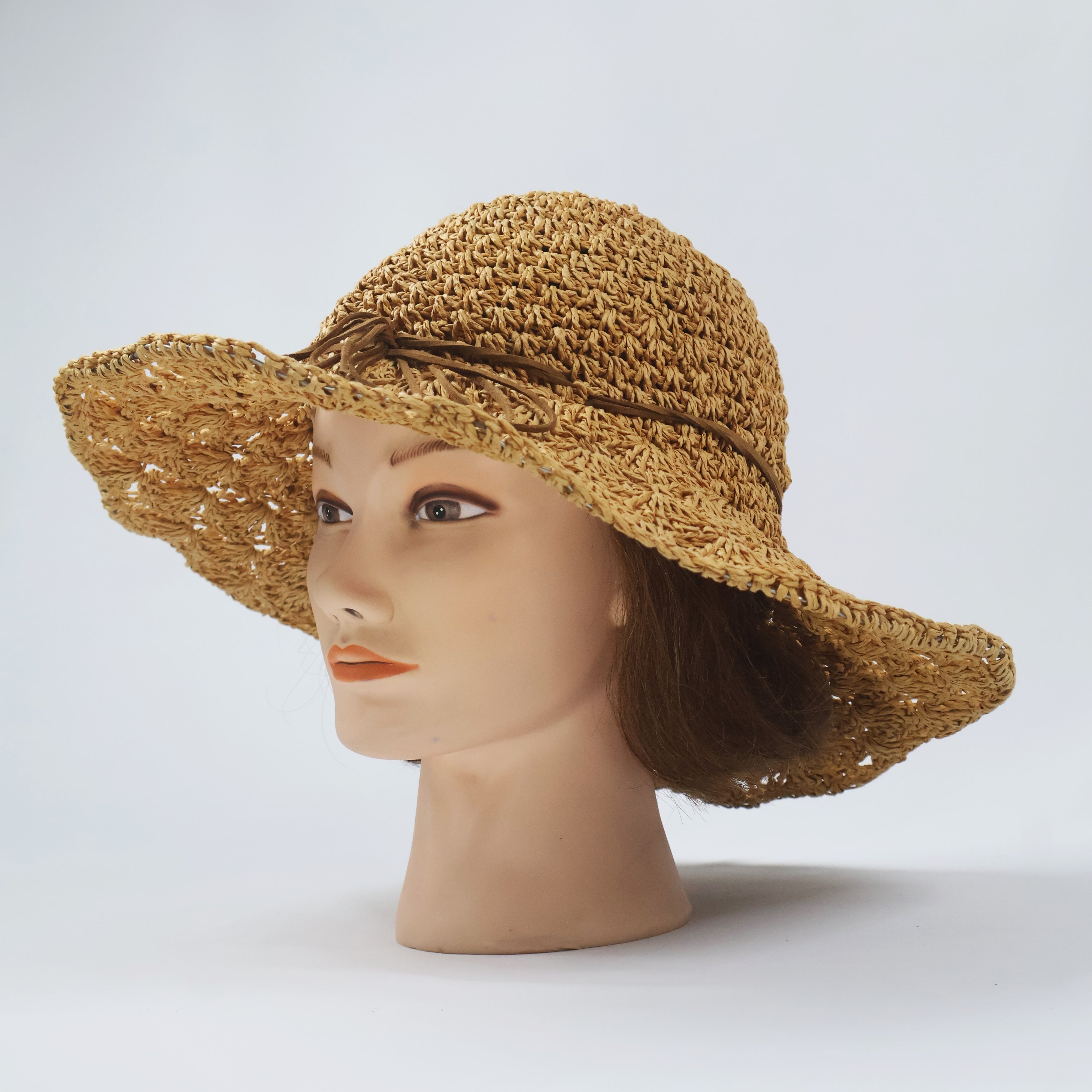 Natural Raffia-Style Floppy Hat with Faux Suede Bow