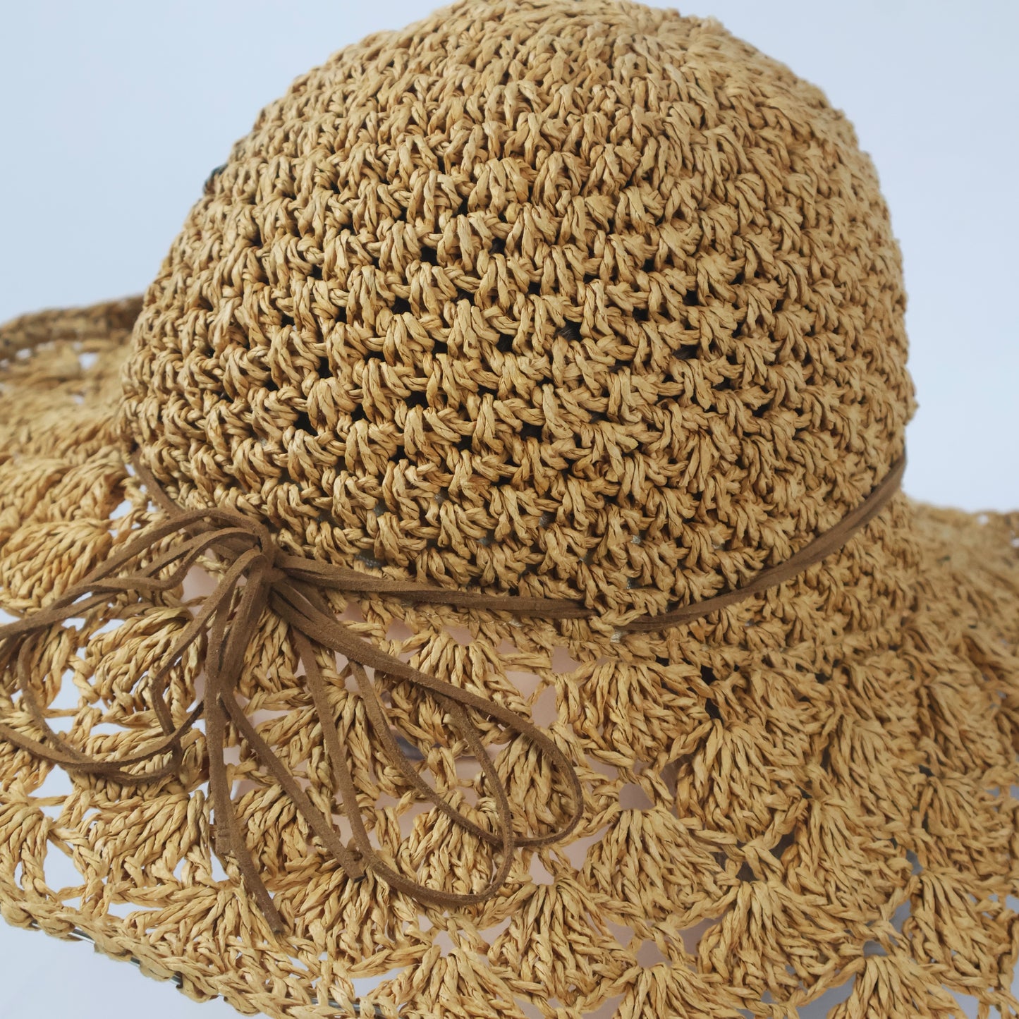 Natural Raffia-Style Floppy Hat with Faux Suede Bow