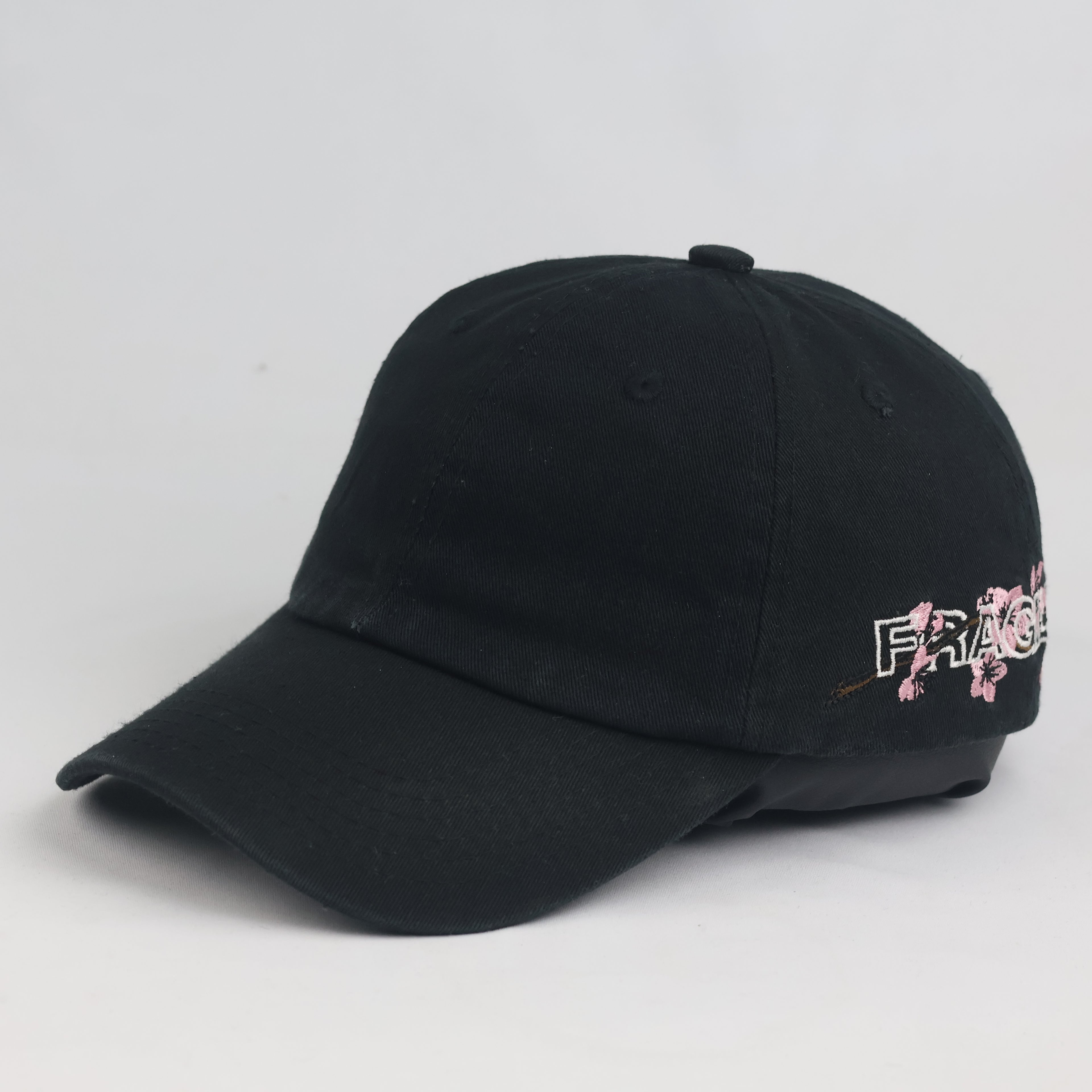 Vintage Cropp Fragile Sakura Embroidered Black Dad Hat | Cherry Blossom Strapback Cap