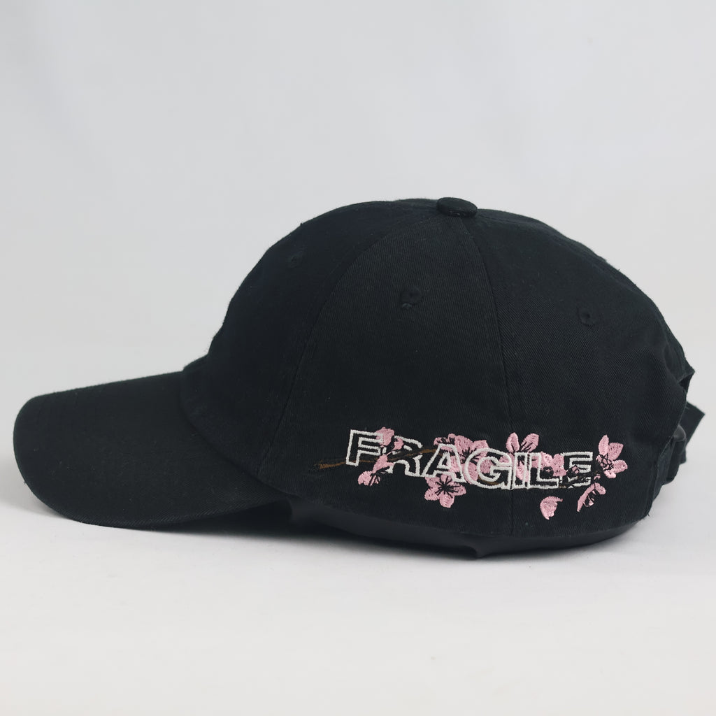 Vintage Cropp Fragile Sakura Embroidered Black Dad Hat | Cherry Blossom Strapback Cap