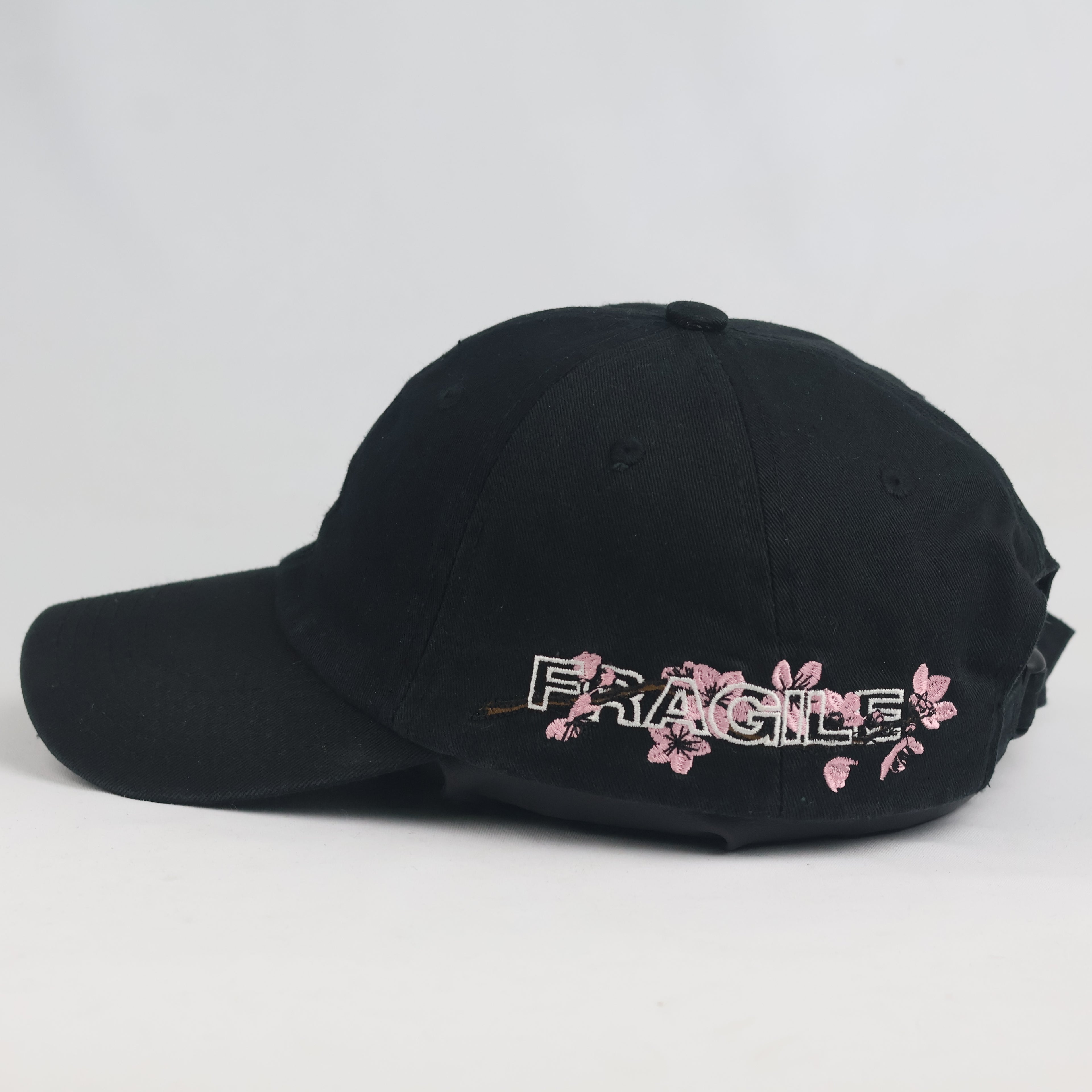 Vintage Cropp Fragile Sakura Embroidered Black Dad Hat | Cherry Blossom Strapback Cap