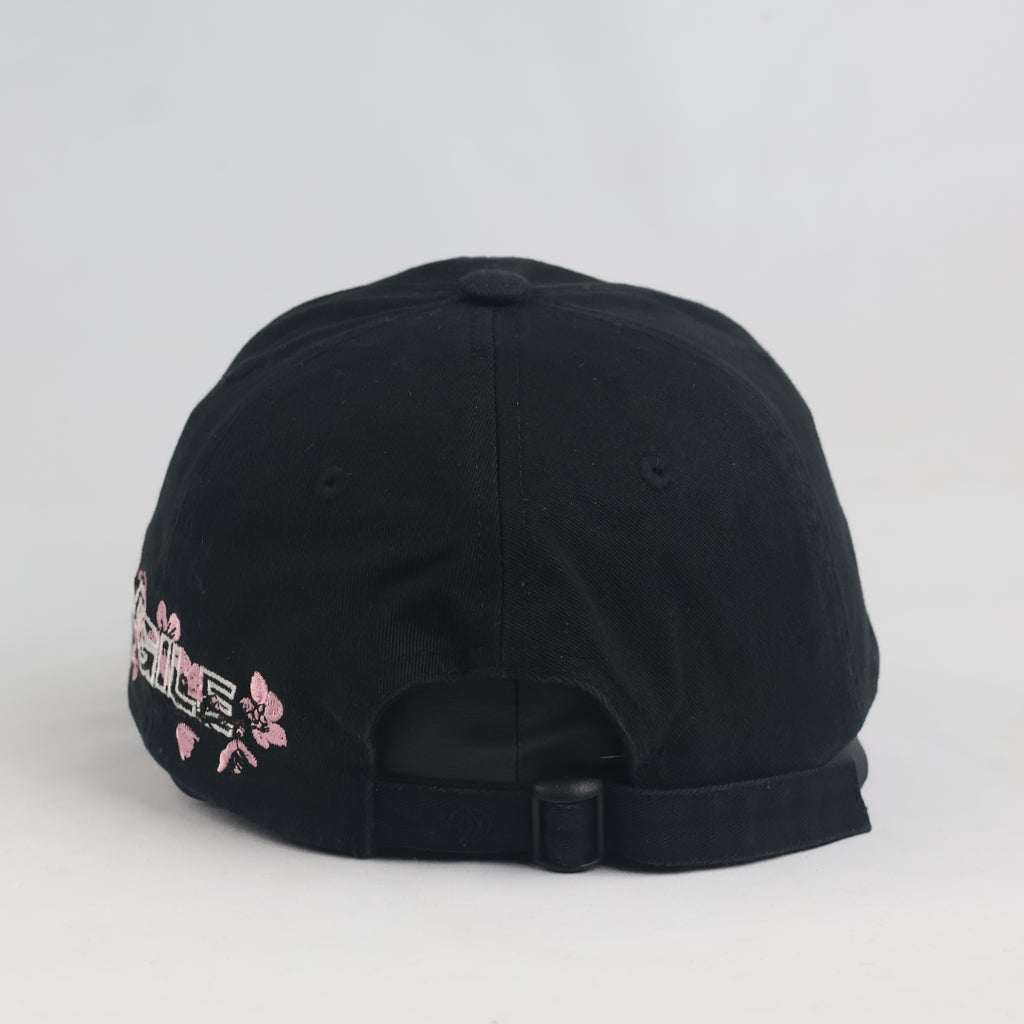 Vintage Cropp Fragile Sakura Embroidered Black Dad Hat | Cherry Blossom Strapback Cap