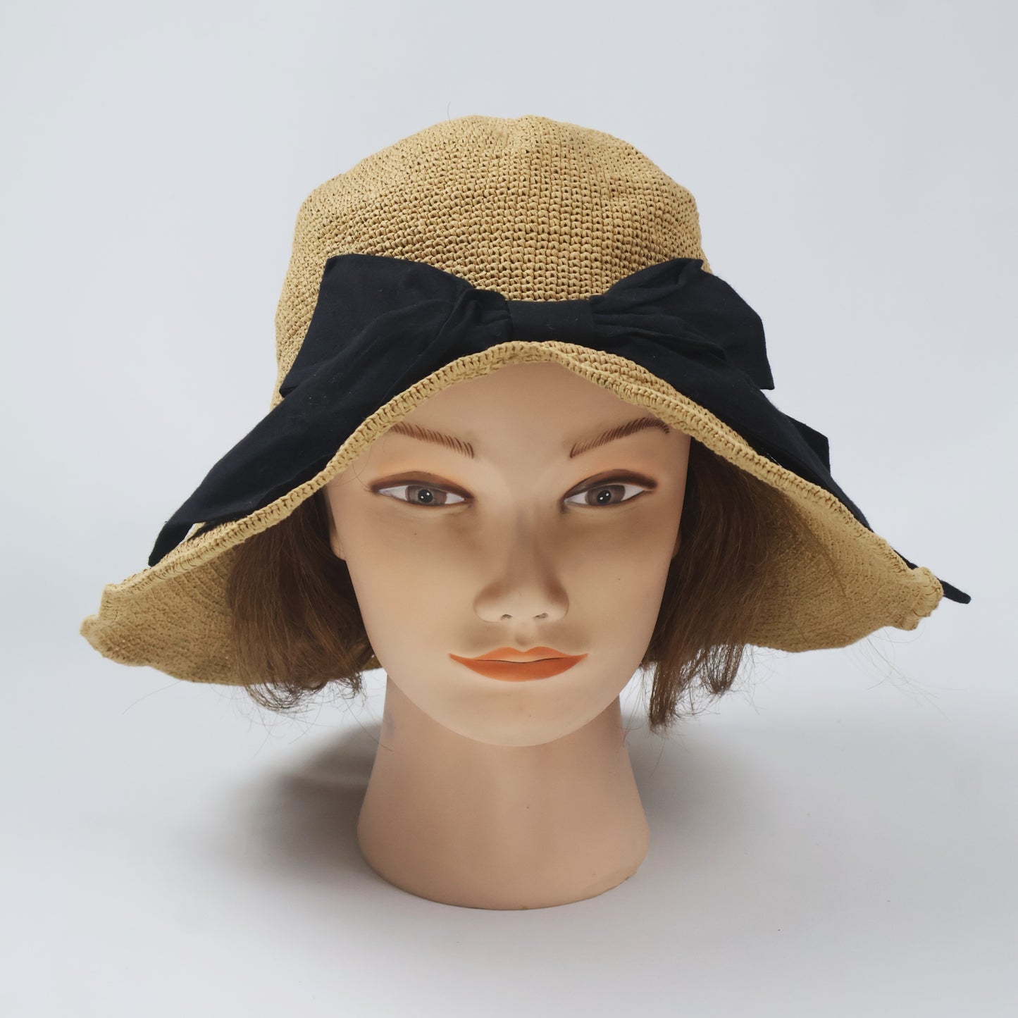 Classic Straw Cloche Hat with Black Bow