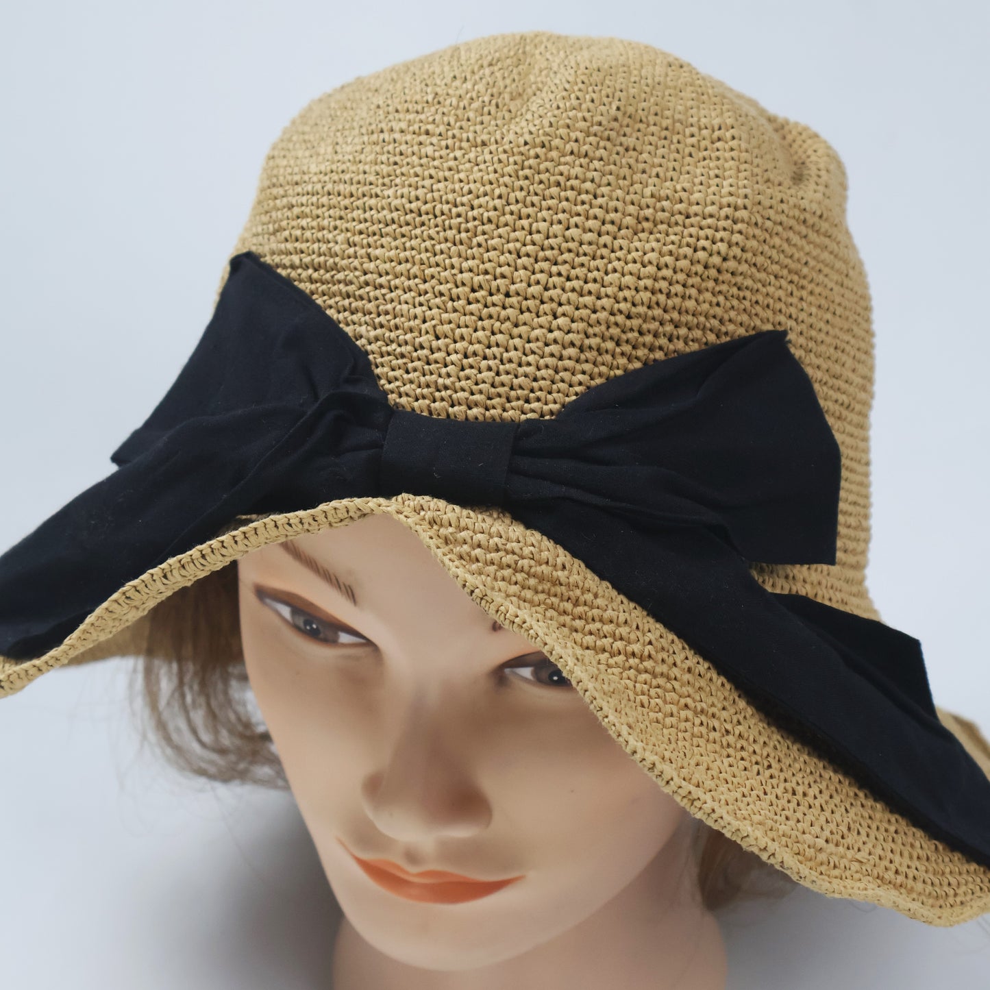 Classic Straw Cloche Hat with Black Bow
