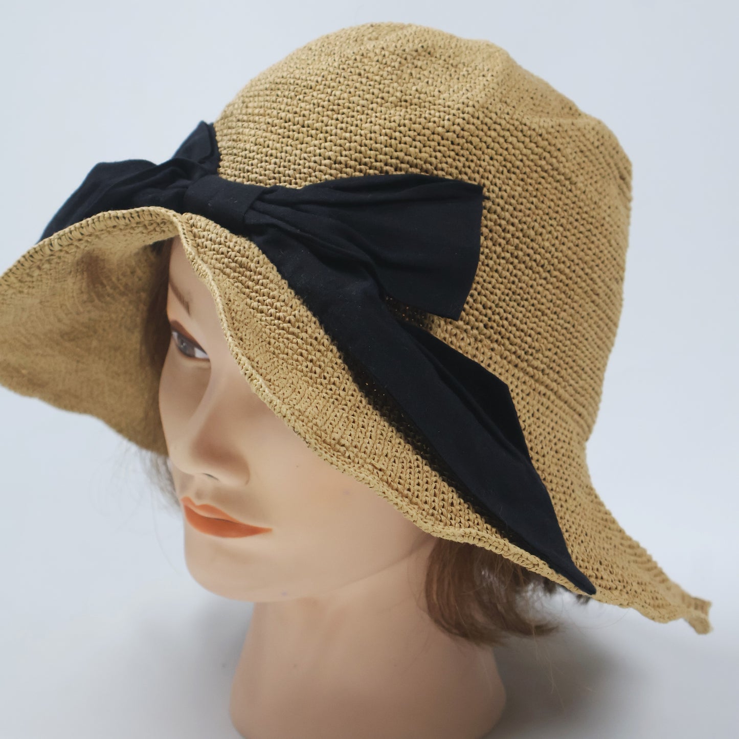 Classic Straw Cloche Hat with Black Bow