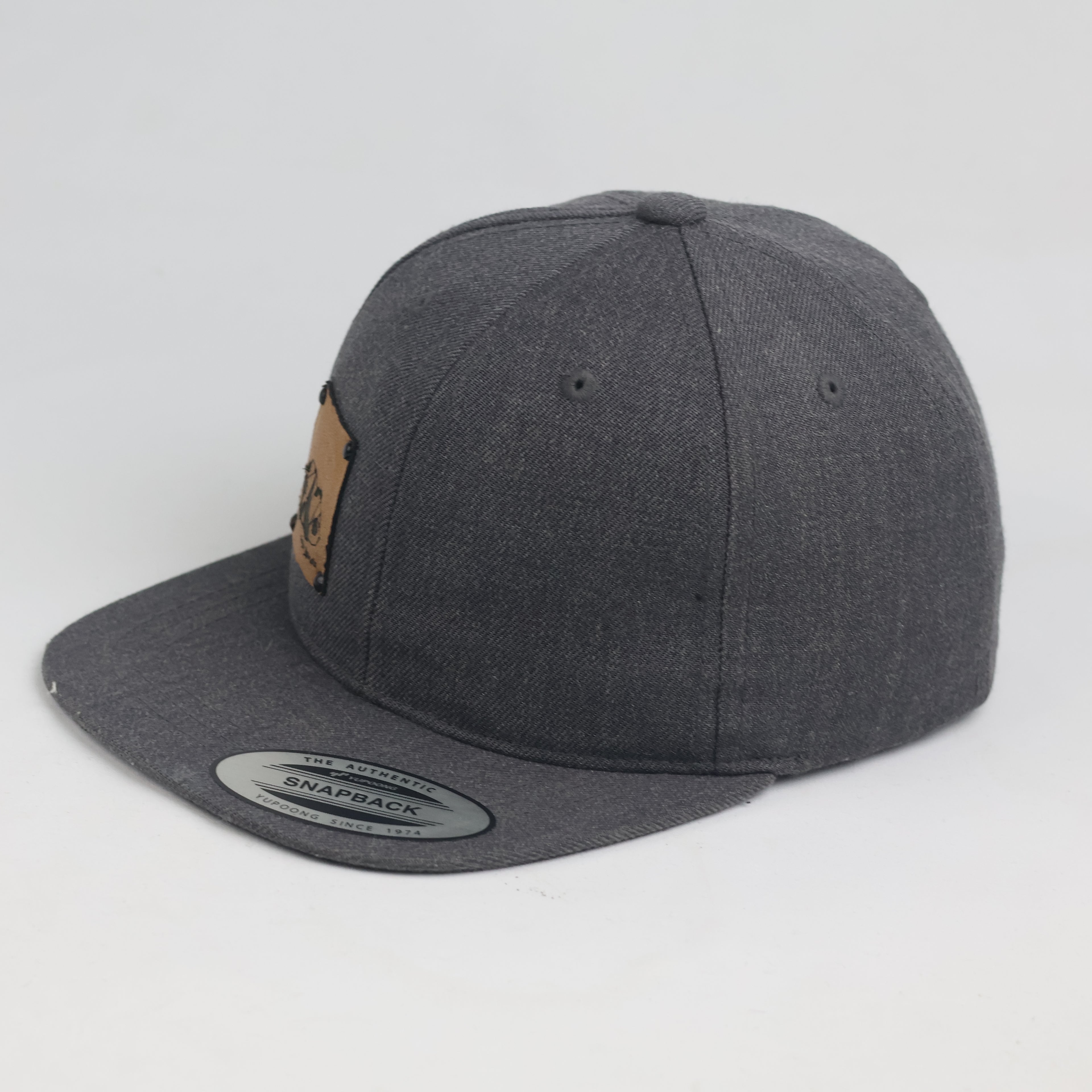 Vintage Petit Panda Faux Leather Patch Charcoal Grey Snapback Hat | Yupoong Flat Brim Cap