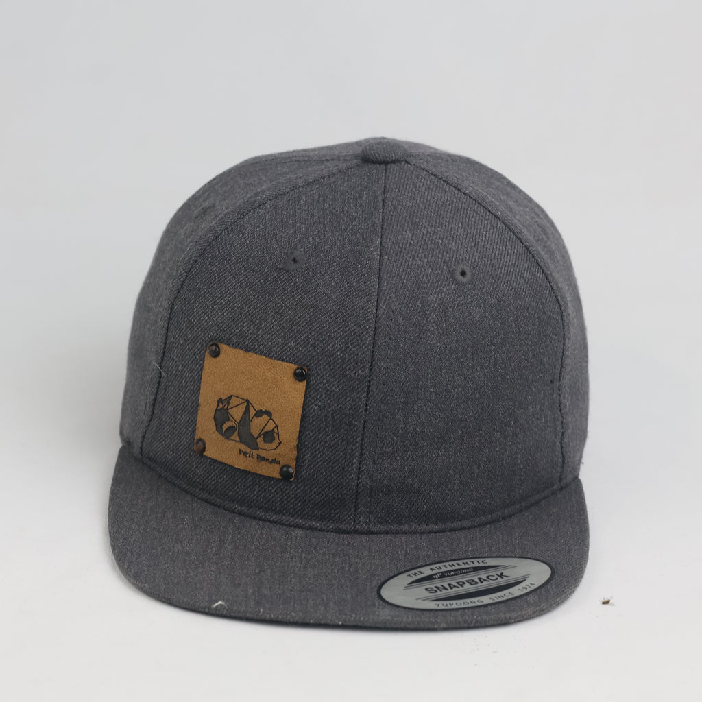 Vintage Petit Panda Faux Leather Patch Charcoal Grey Snapback Hat | Yupoong Flat Brim Cap