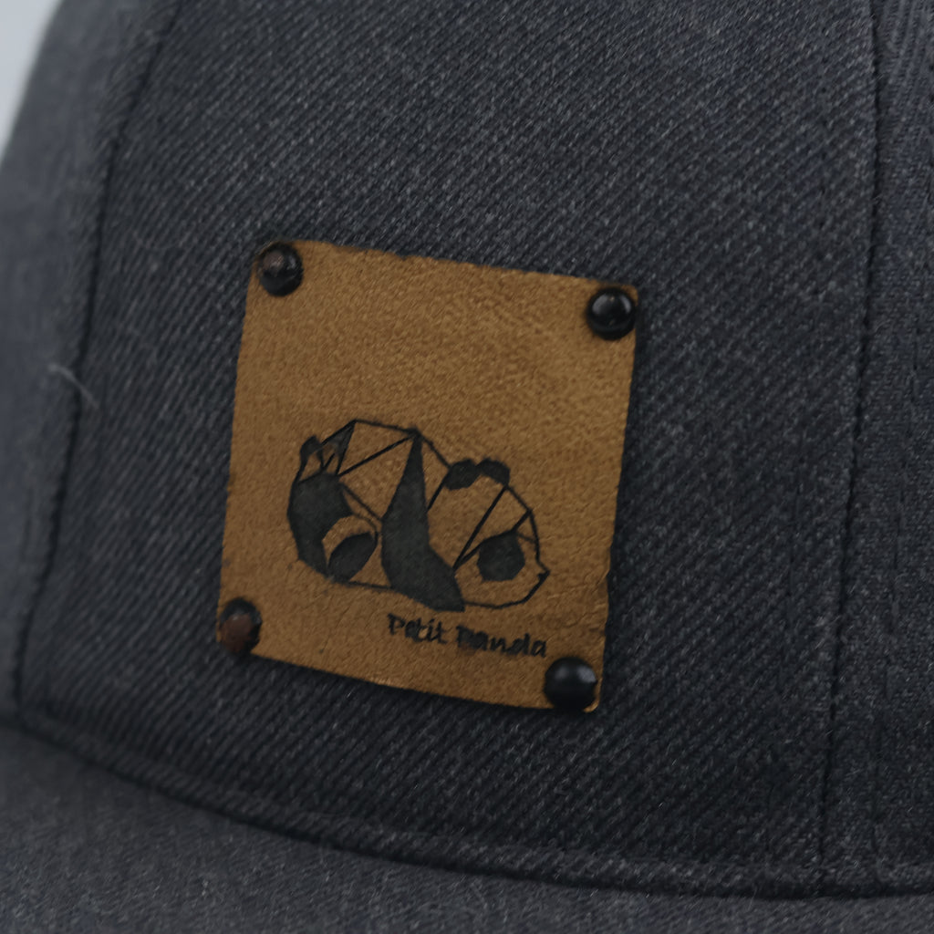 Vintage Petit Panda Faux Leather Patch Charcoal Grey Snapback Hat | Yupoong Flat Brim Cap