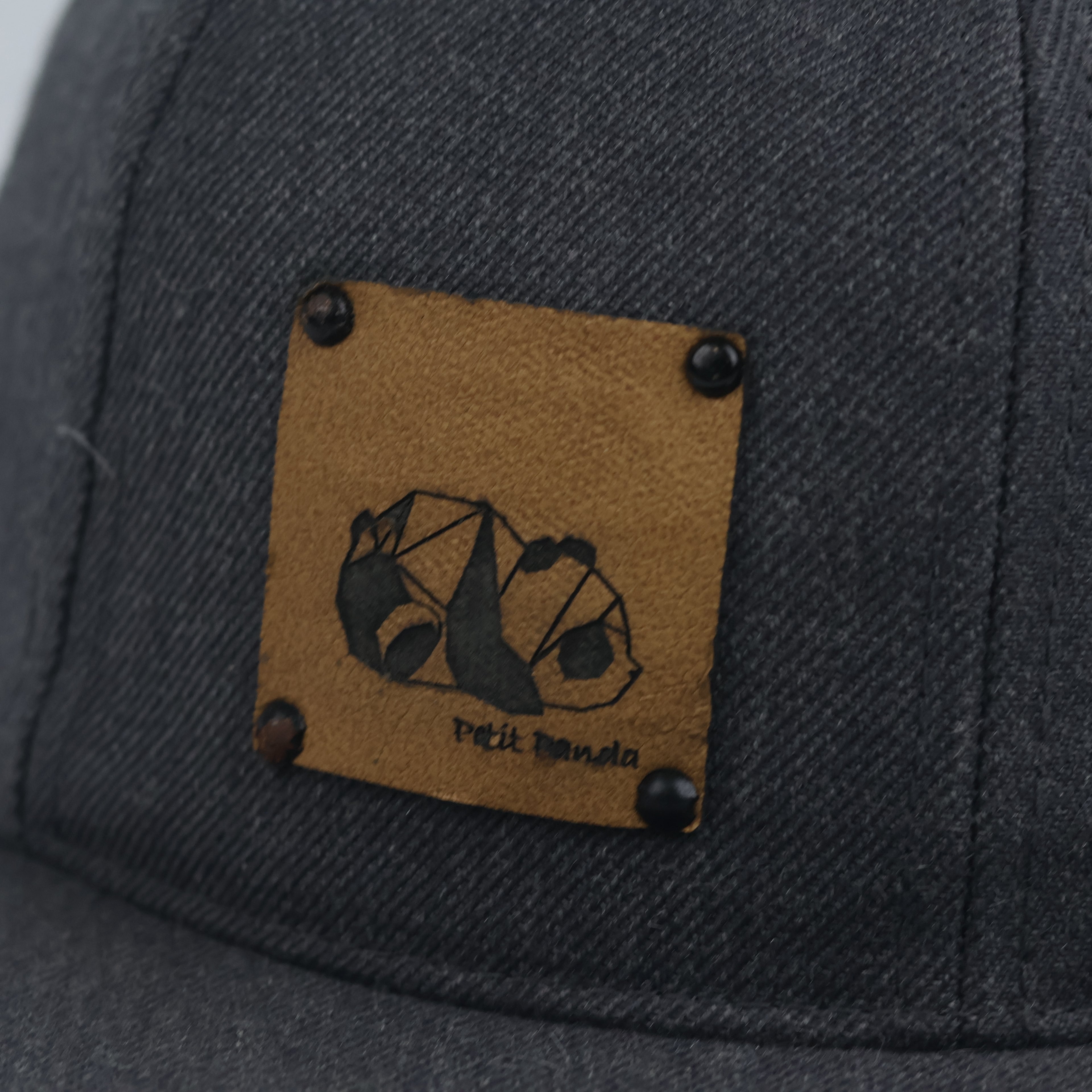 Vintage Petit Panda Faux Leather Patch Charcoal Grey Snapback Hat | Yupoong Flat Brim Cap