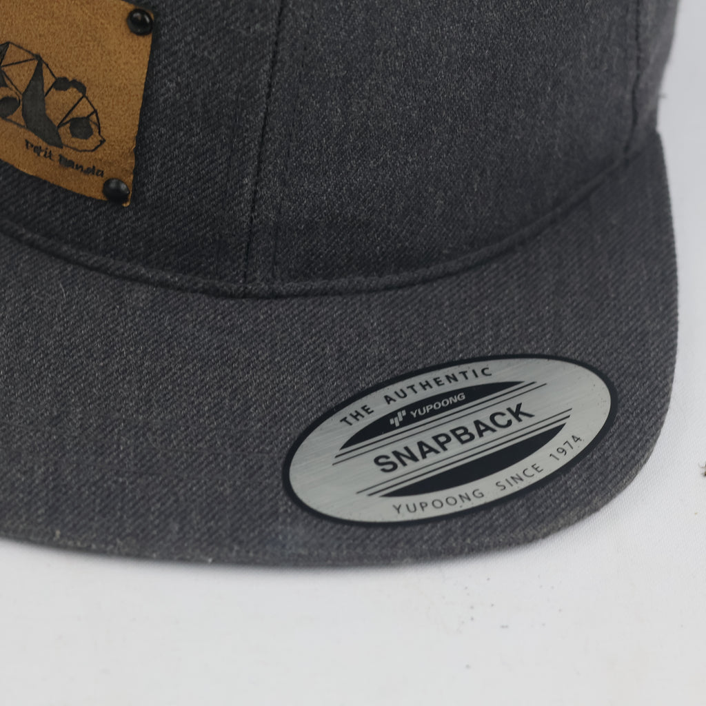 Vintage Petit Panda Faux Leather Patch Charcoal Grey Snapback Hat | Yupoong Flat Brim Cap