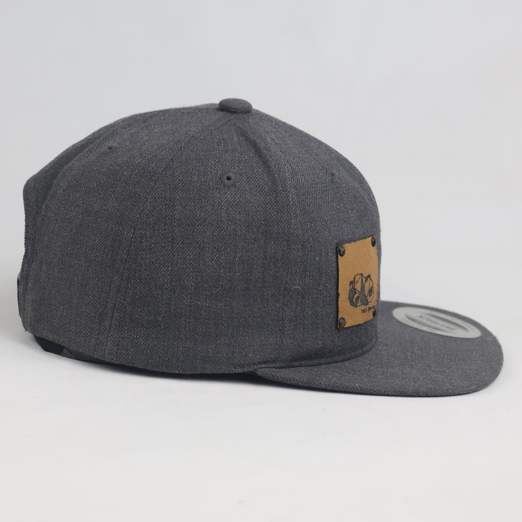 Vintage Petit Panda Faux Leather Patch Charcoal Grey Snapback Hat | Yupoong Flat Brim Cap