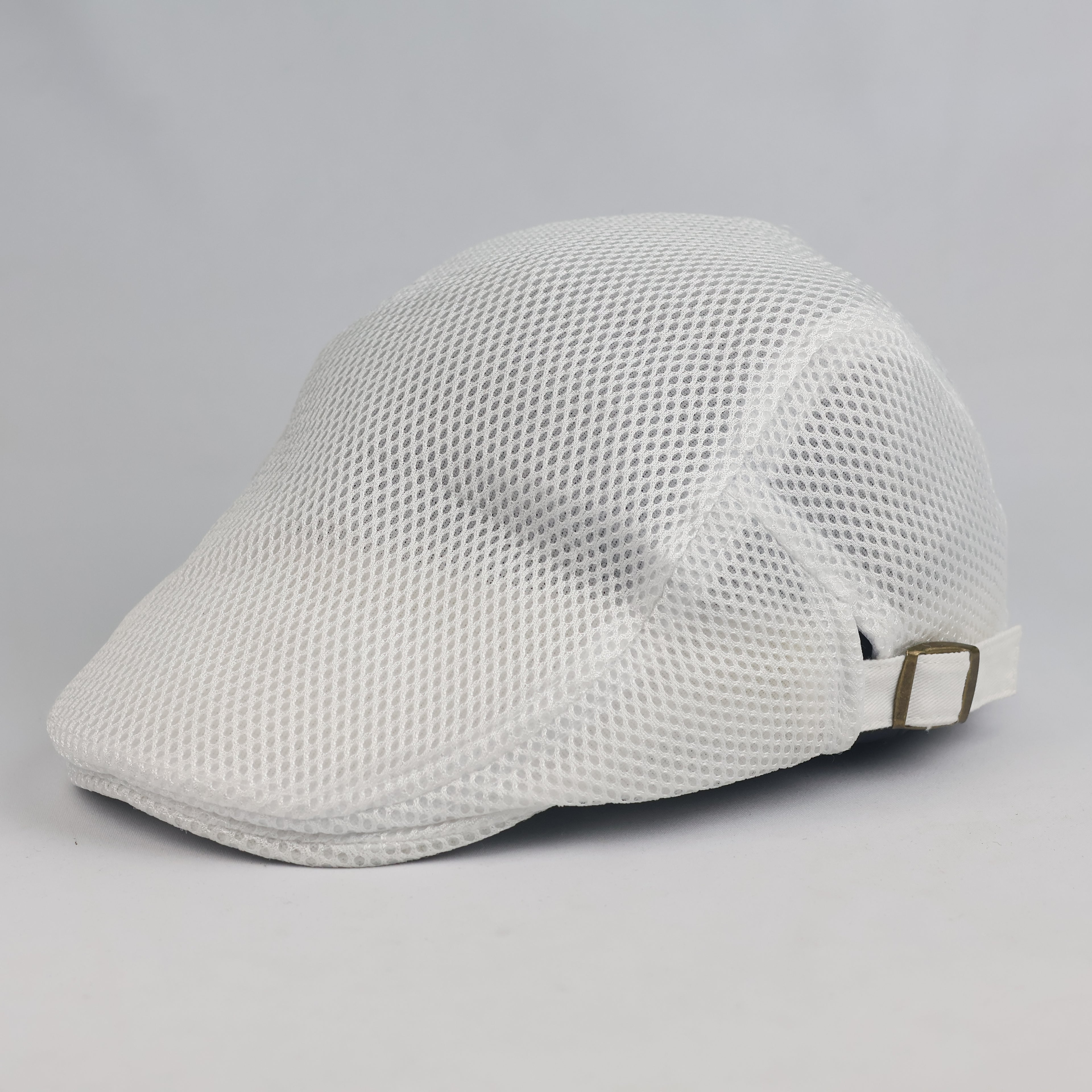 White Mesh Golf Flat Cap - Adjustable Side Buckle Newsboy Cabbie Hat