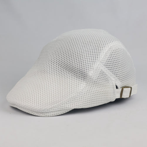 White Mesh Golf Flat Cap - Adjustable Side Buckle Newsboy Cabbie Hat