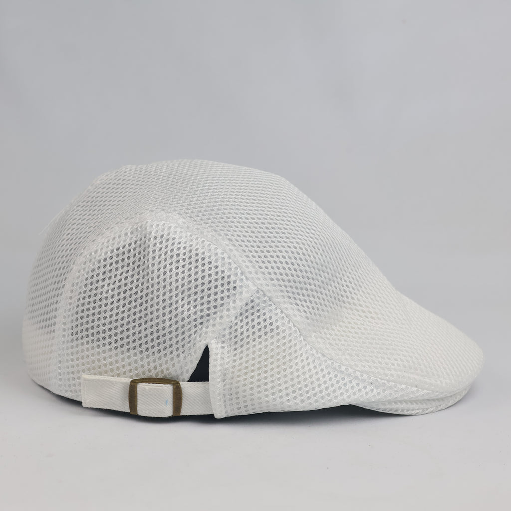 White Mesh Golf Flat Cap - Adjustable Side Buckle Newsboy Cabbie Hat