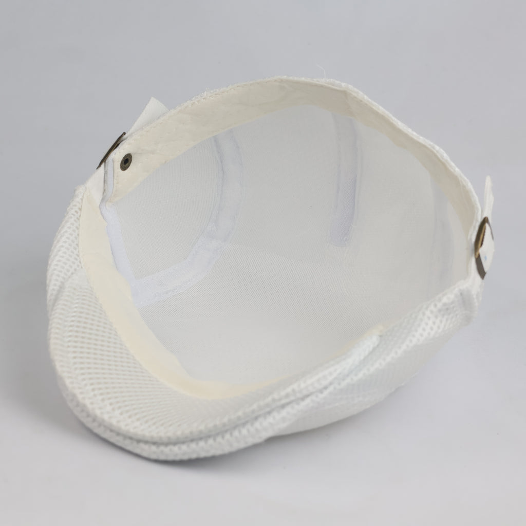 White Mesh Golf Flat Cap - Adjustable Side Buckle Newsboy Cabbie Hat