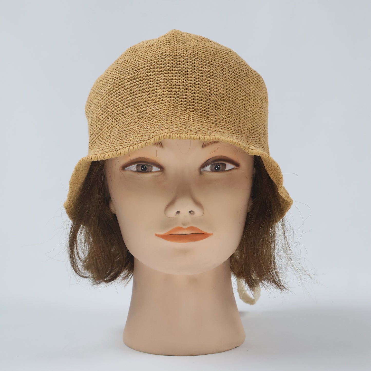 Crocheted Cloche Hat with Lace Ties - Tan