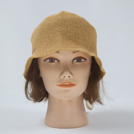 Crocheted Cloche Hat with Lace Ties - Tan