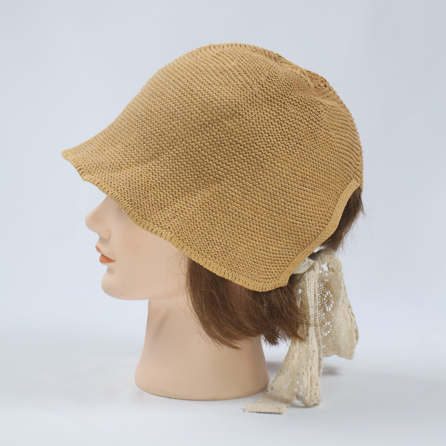 Crocheted Cloche Hat with Lace Ties - Tan