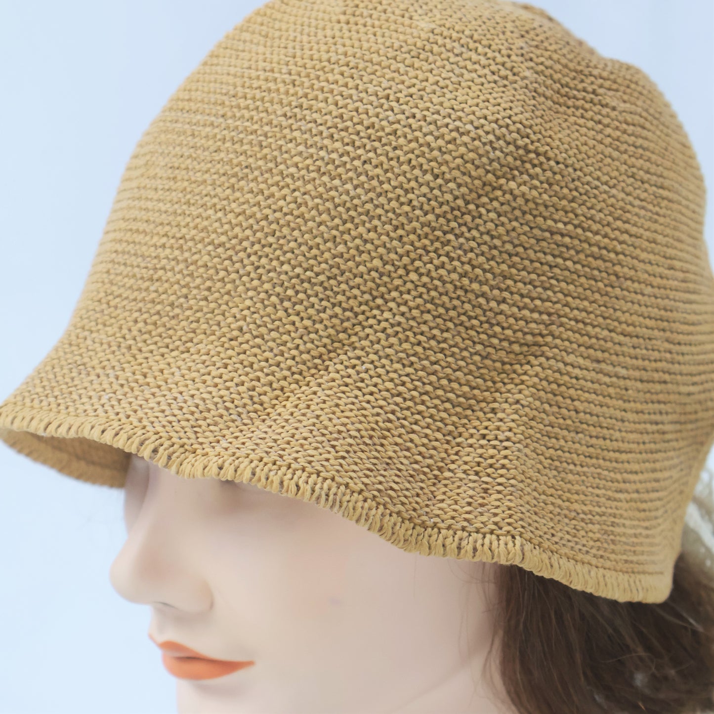 Crocheted Cloche Hat with Lace Ties - Tan