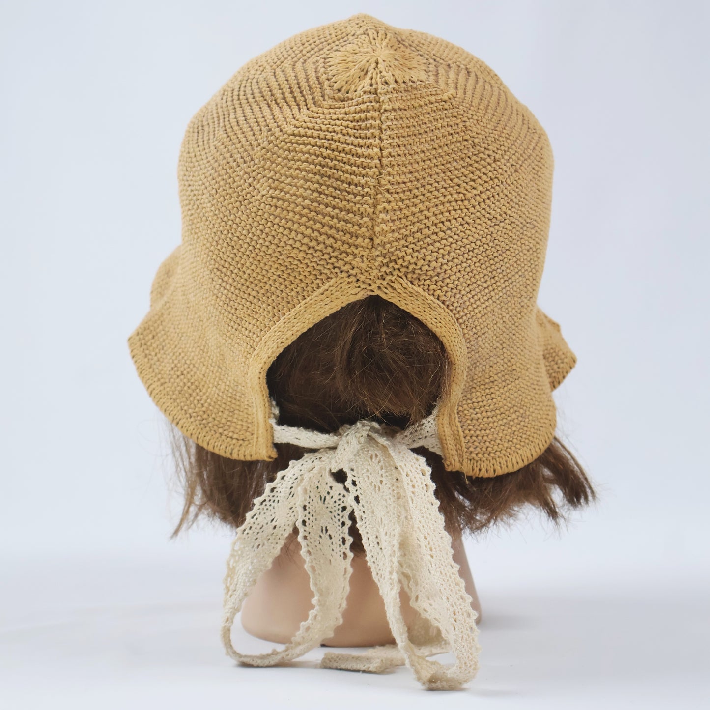 Crocheted Cloche Hat with Lace Ties - Tan