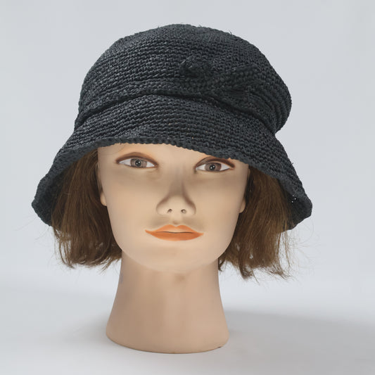 Black Woven Cloche Sun Hat with Bow