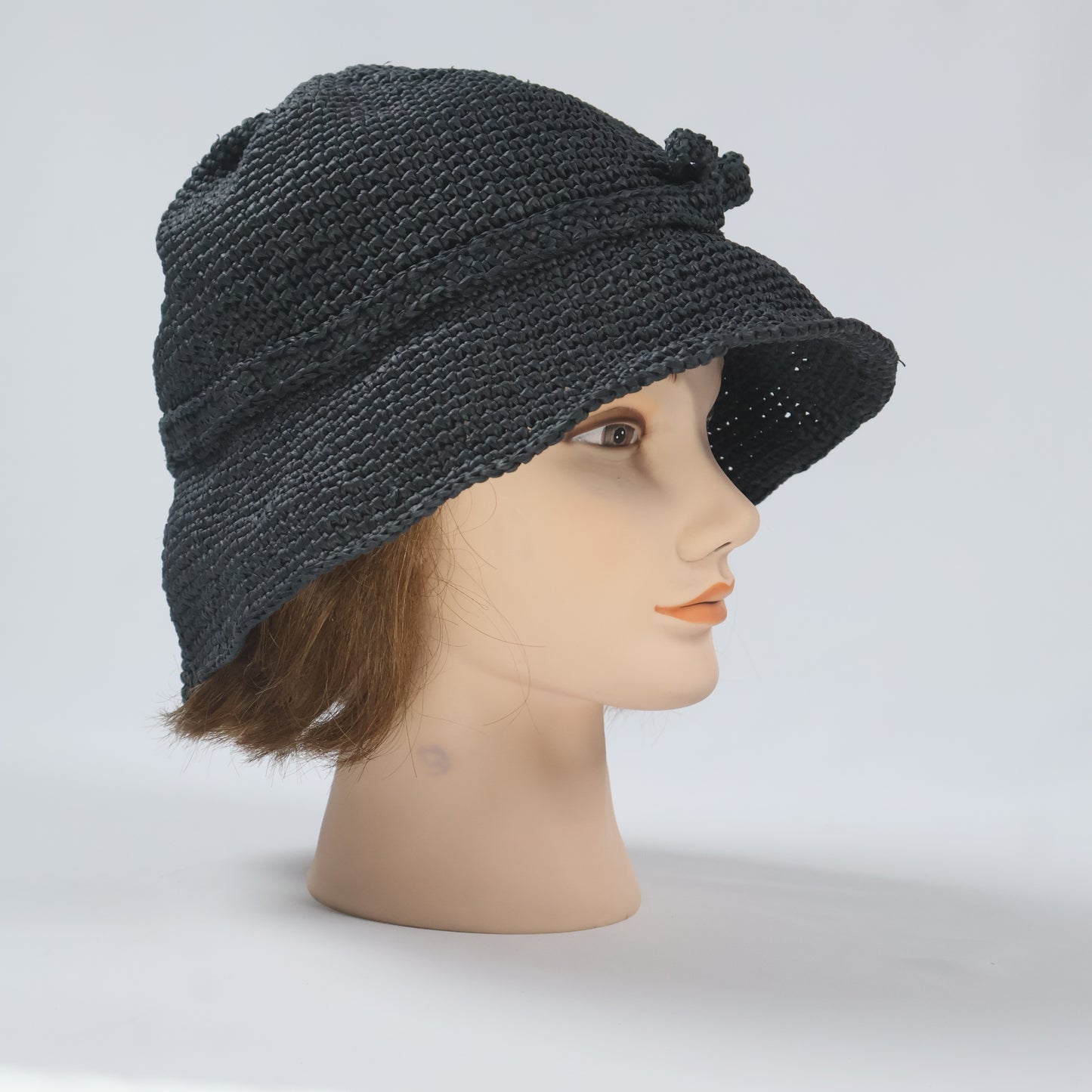 Black Woven Cloche Sun Hat with Bow