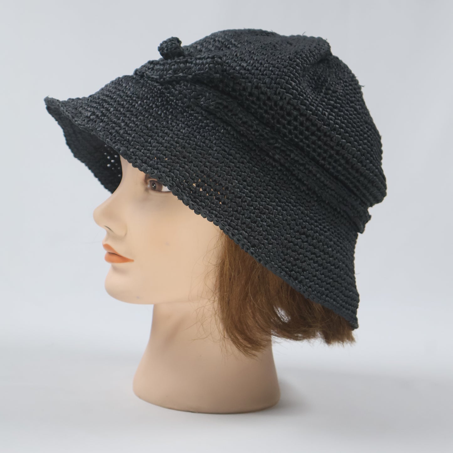 Black Woven Cloche Sun Hat with Bow