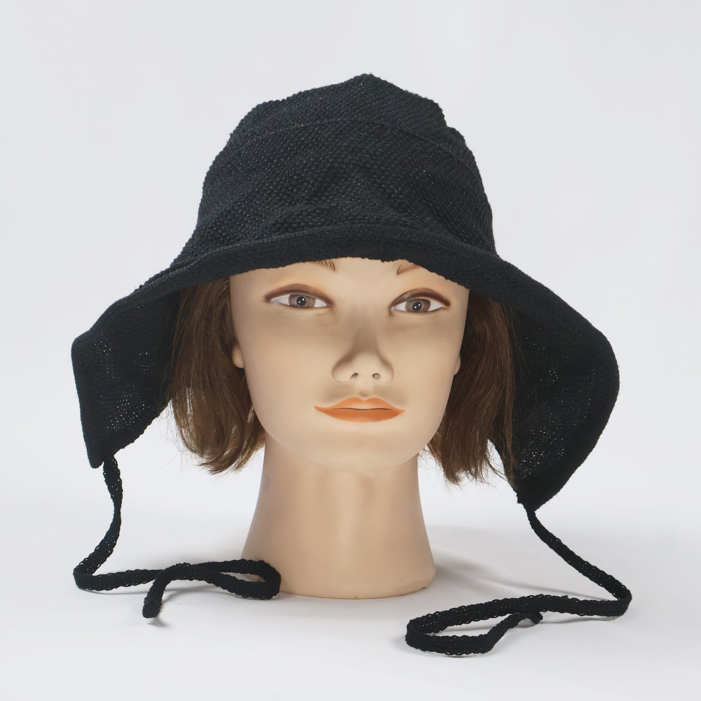 Black Crocheted Sun Hat with Tie-Straps