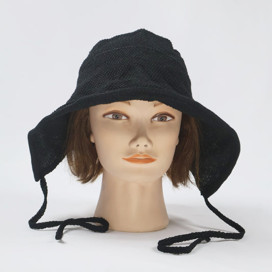 Black Crocheted Sun Hat with Tie-Straps