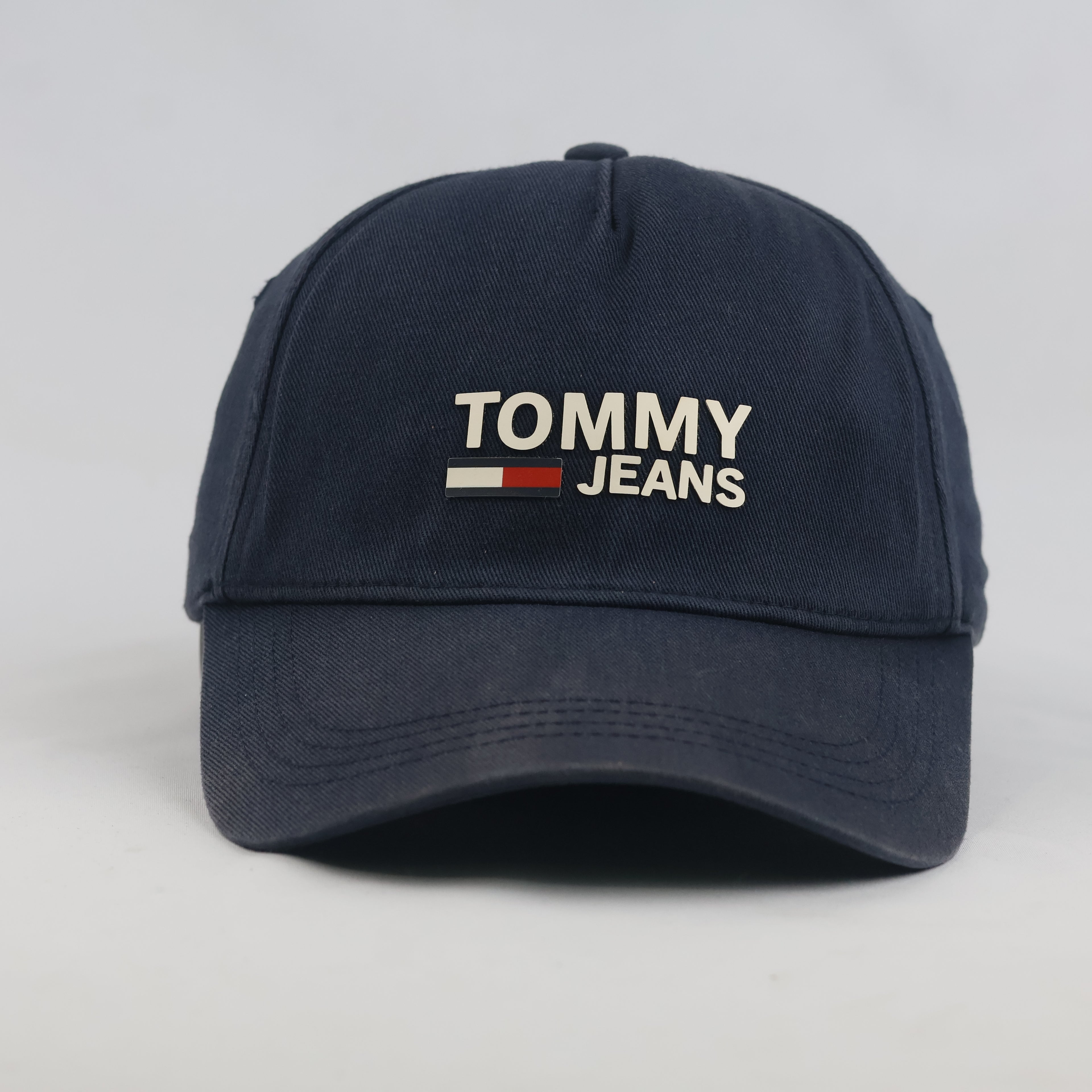 Thrifted Vintage Tommy Jeans Navy Blue Snapback Hat | Rubber Flag Logo Cap