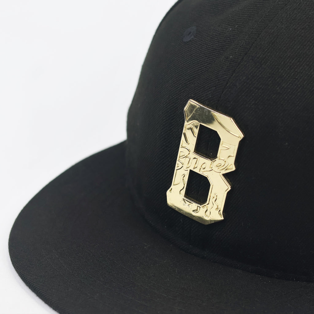 Super Massive Bound Black Snapback Thrifted Hat - Gold Metallic "B" Logo Cap (56-59cm)