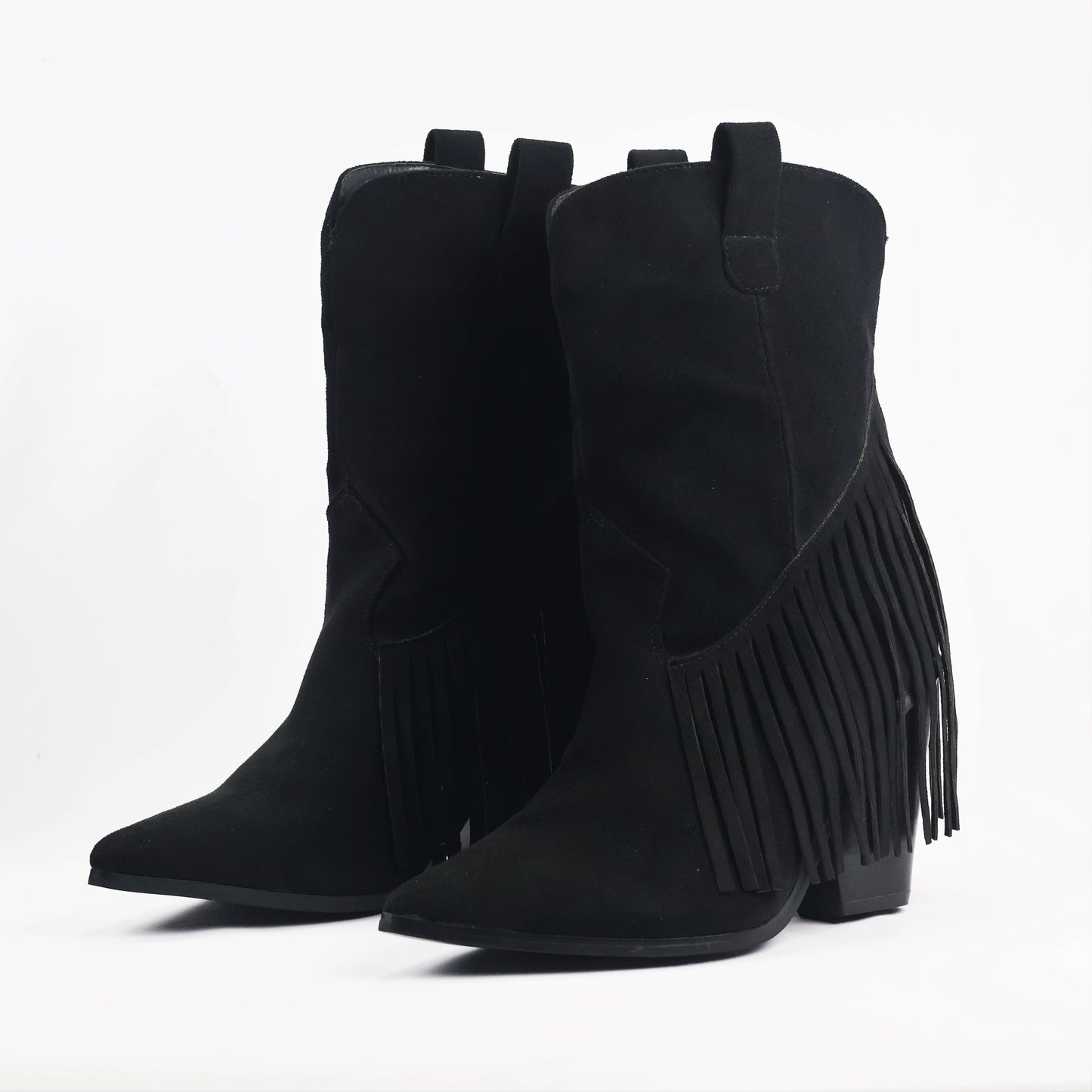 Women’s Black Tassel Fringe Thrifted Boots – Chic Pointed Toe Western Block Heels