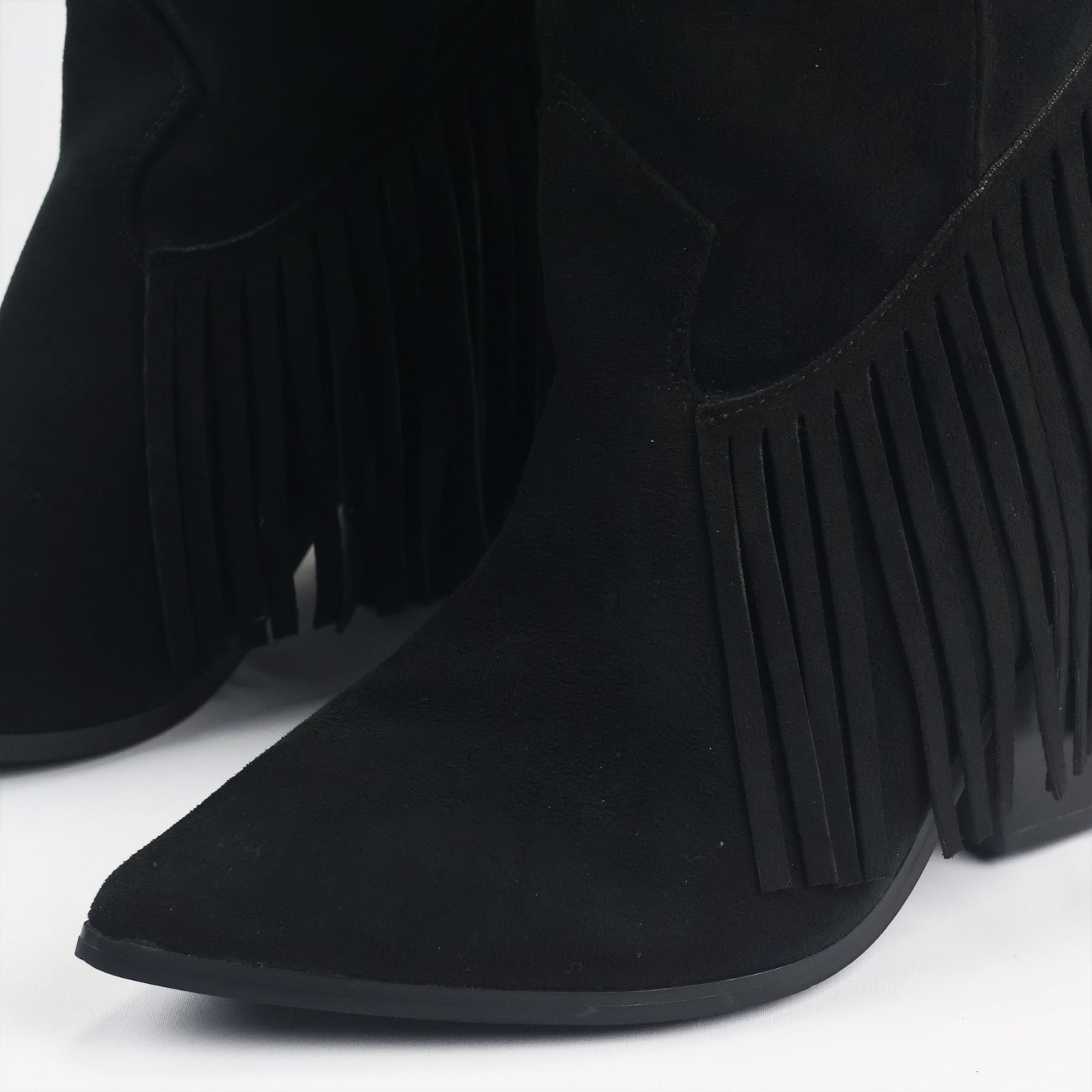 Women’s Black Tassel Fringe Thrifted Boots – Chic Pointed Toe Western Block Heels