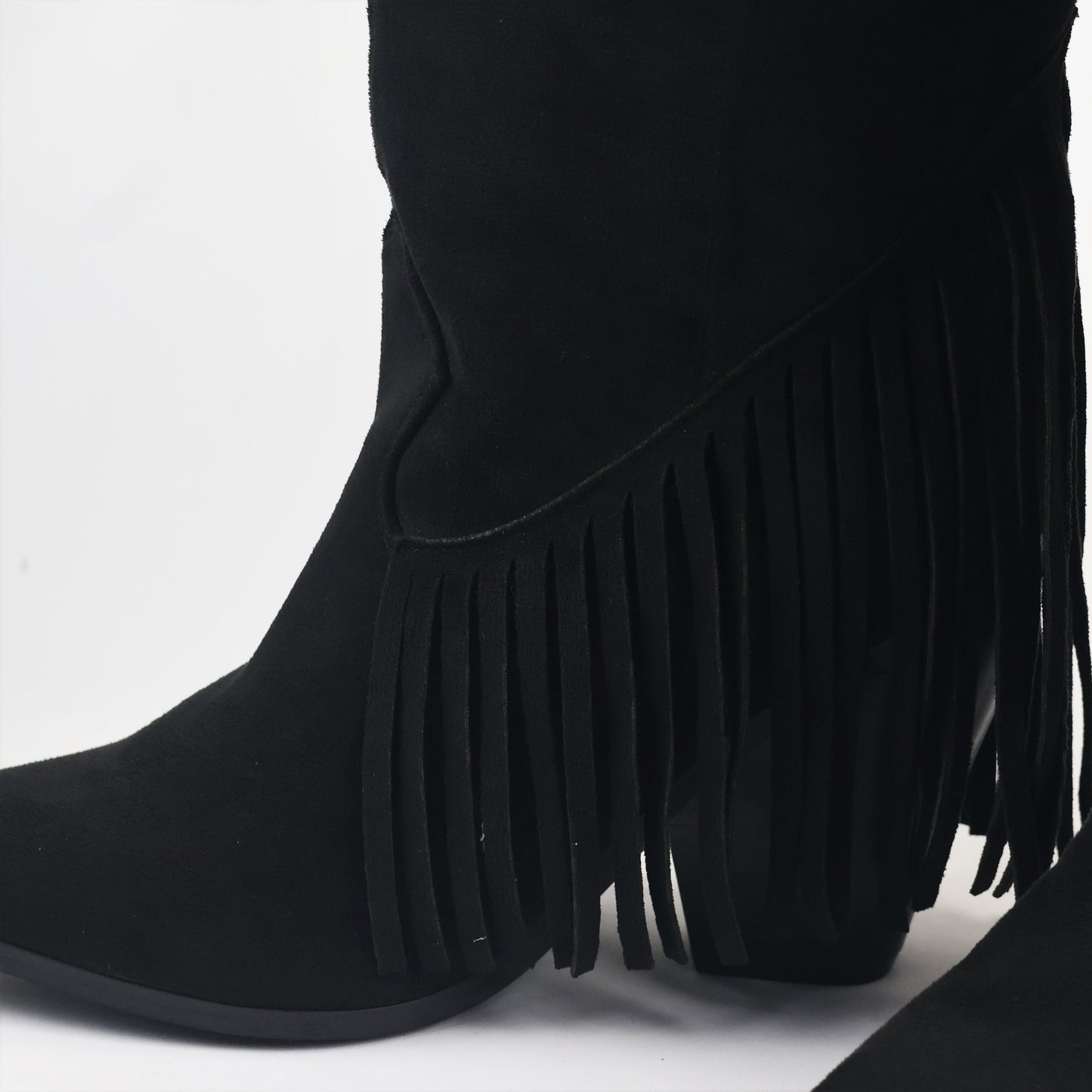 Women’s Black Tassel Fringe Thrifted Boots – Chic Pointed Toe Western Block Heels