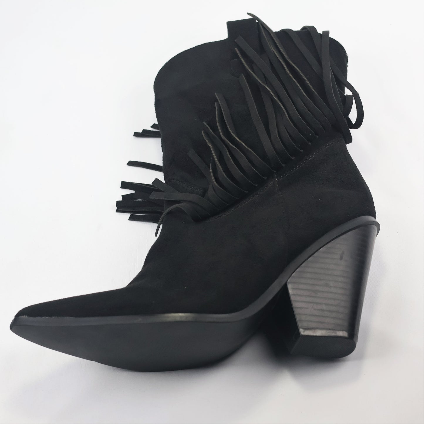 Women’s Black Tassel Fringe Thrifted Boots – Chic Pointed Toe Western Block Heels