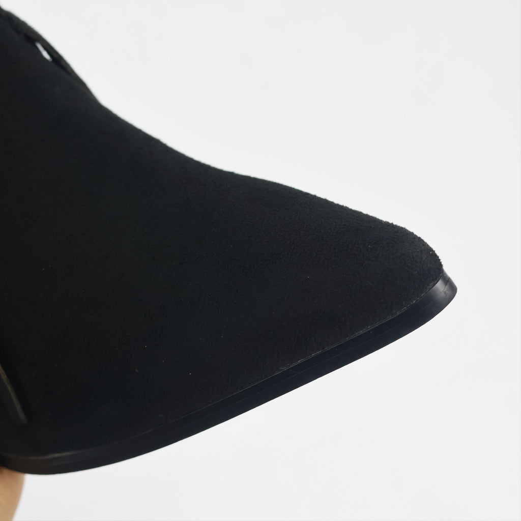 Women’s Black Tassel Fringe Thrifted Boots – Chic Pointed Toe Western Block Heels