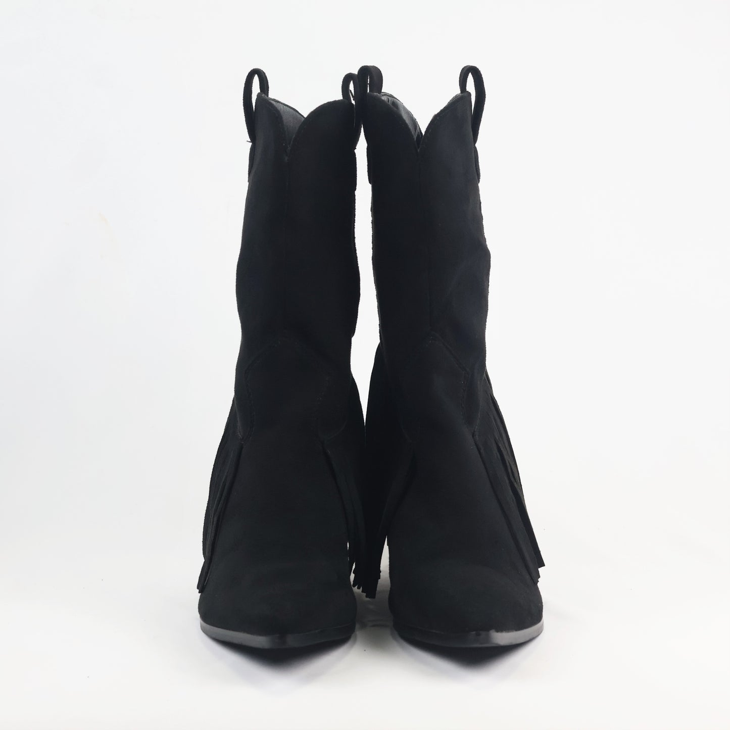 Women’s Black Tassel Fringe Thrifted Boots – Chic Pointed Toe Western Block Heels
