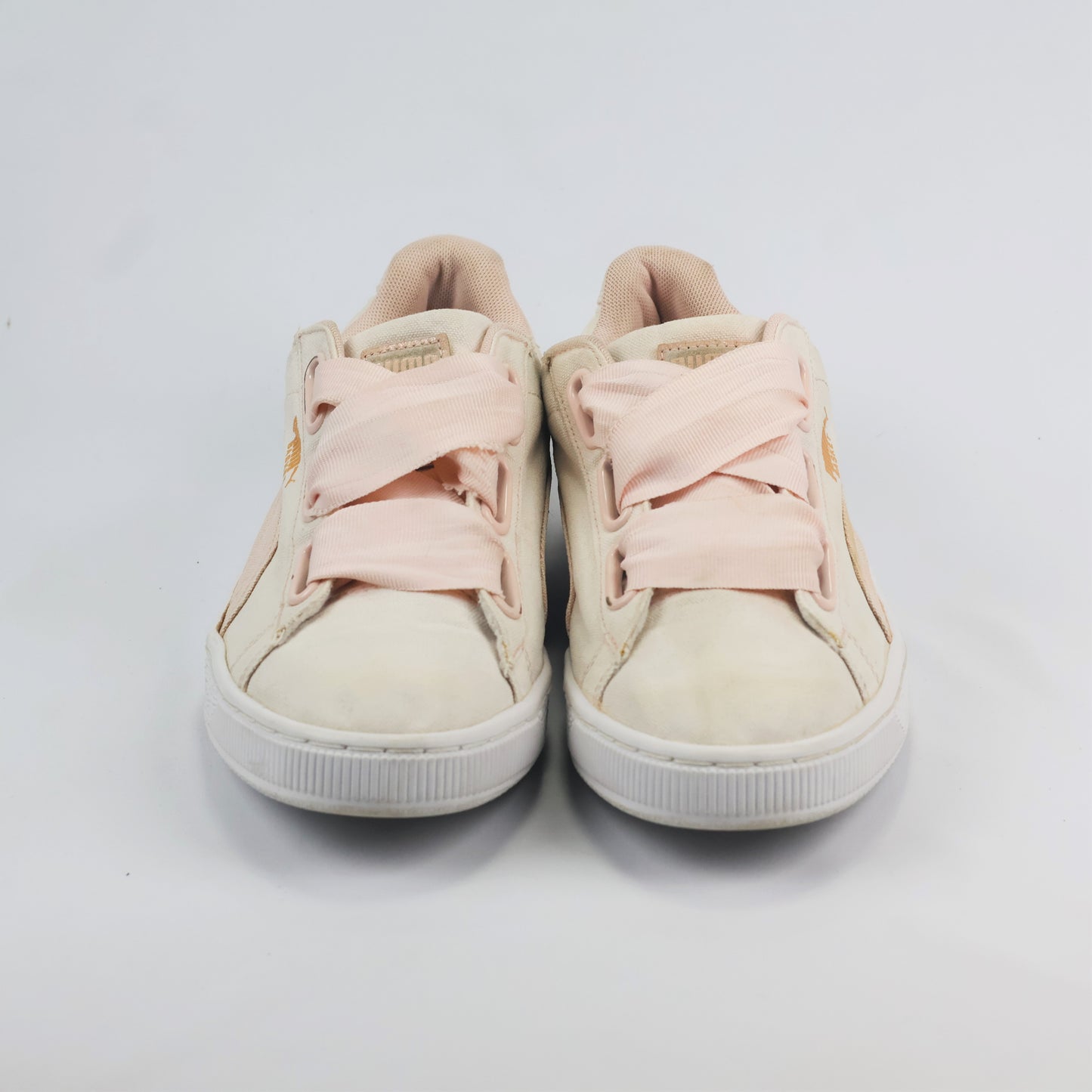 Pastel Pink & Beige Puma Basket Heart Canvas Thrift Shoes – Low Top Ribbon Sneakers