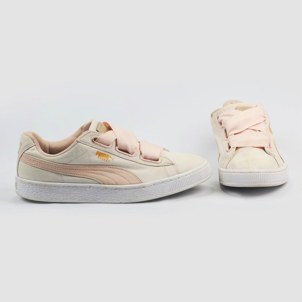 Pastel Pink & Beige Puma Basket Heart Canvas Thrift Shoes – Low Top Ribbon Sneakers