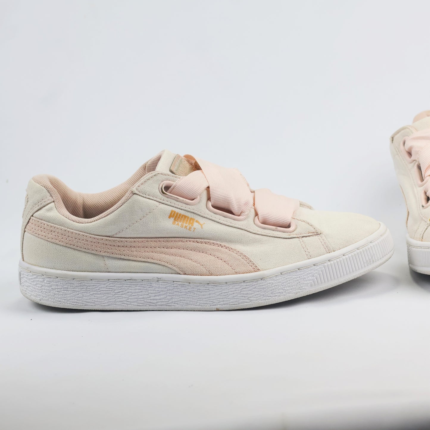 Pastel Pink & Beige Puma Basket Heart Canvas Thrift Shoes – Low Top Ribbon Sneakers