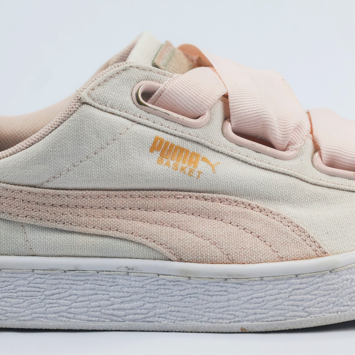 Pastel Pink & Beige Puma Basket Heart Canvas Thrift Shoes – Low Top Ribbon Sneakers
