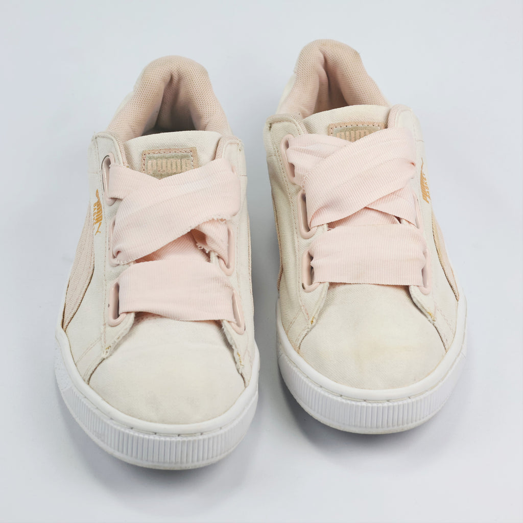 Pastel Pink & Beige Puma Basket Heart Canvas Thrift Shoes – Low Top Ribbon Sneakers