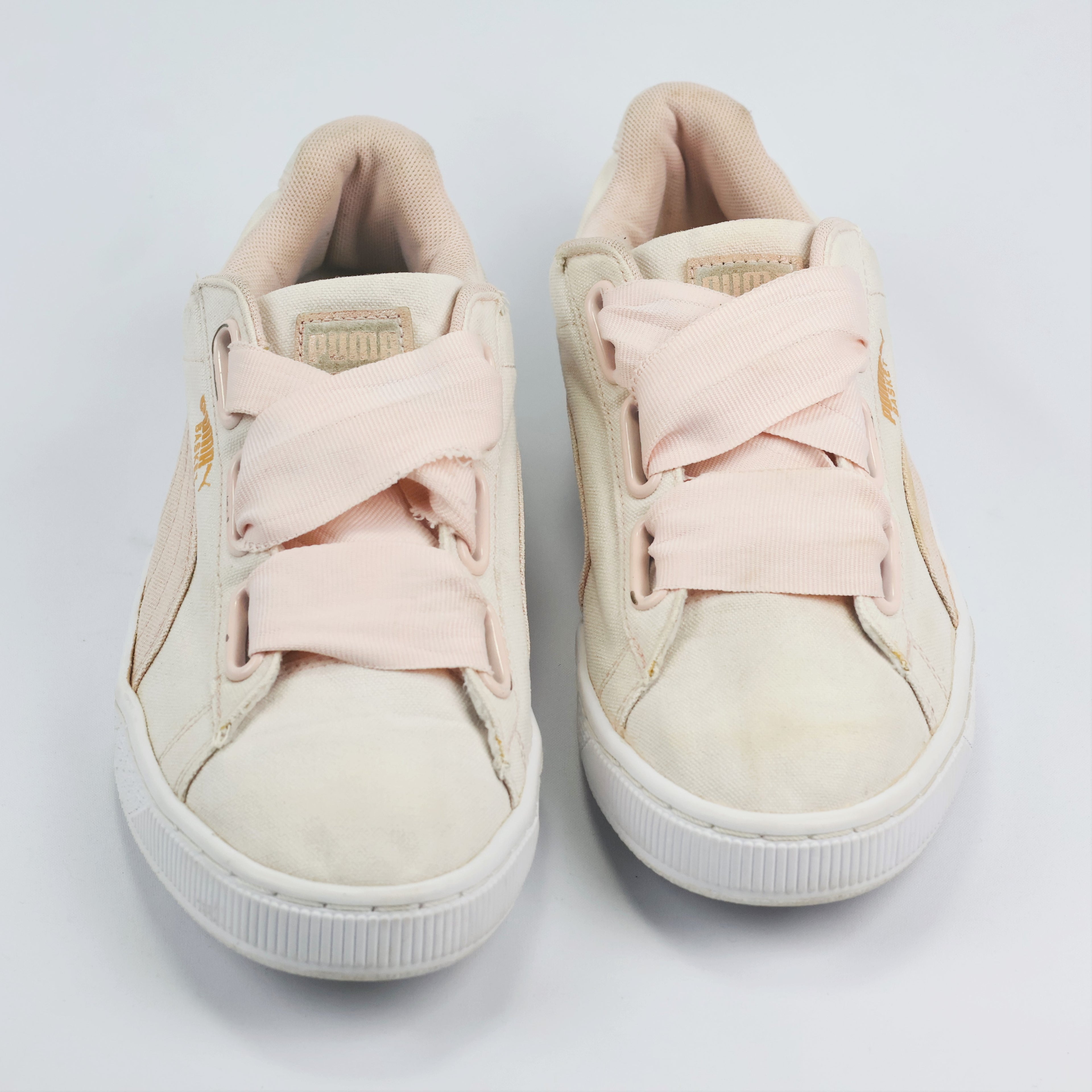 Pastel Pink & Beige Puma Basket Heart Canvas Thrift Shoes – Low Top Ribbon Sneakers