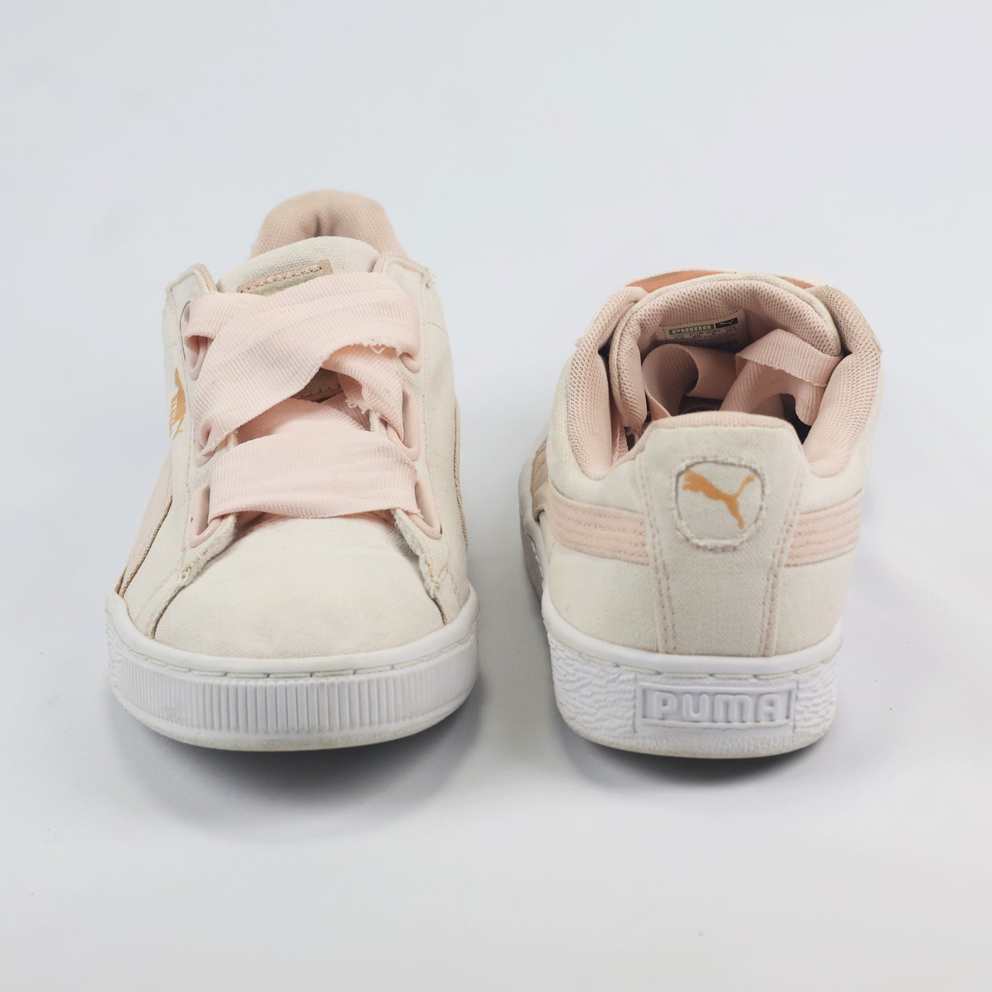 Pastel Pink & Beige Puma Basket Heart Canvas Thrift Shoes – Low Top Ribbon Sneakers