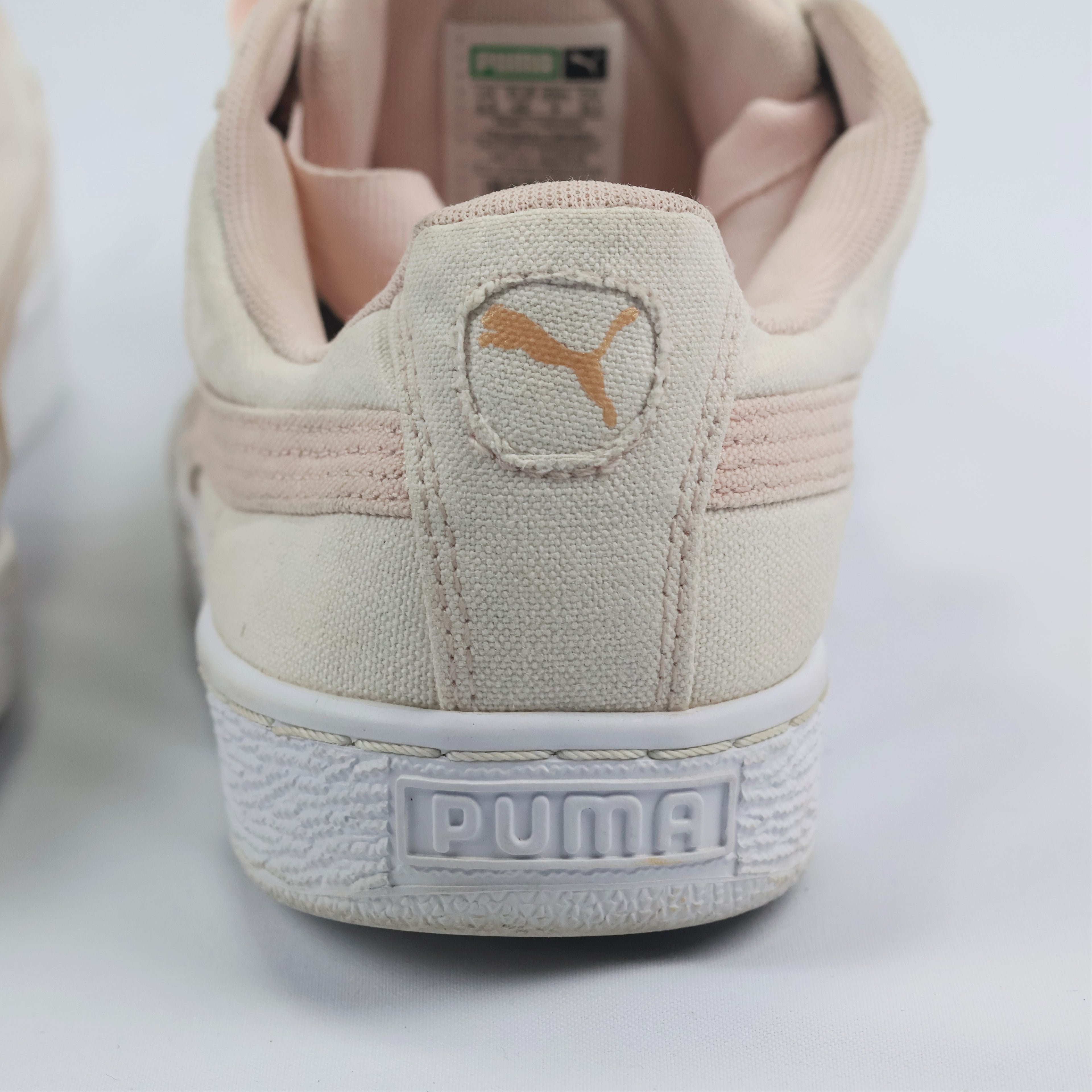 Pastel Pink & Beige Puma Basket Heart Canvas Thrift Shoes – Low Top Ribbon Sneakers