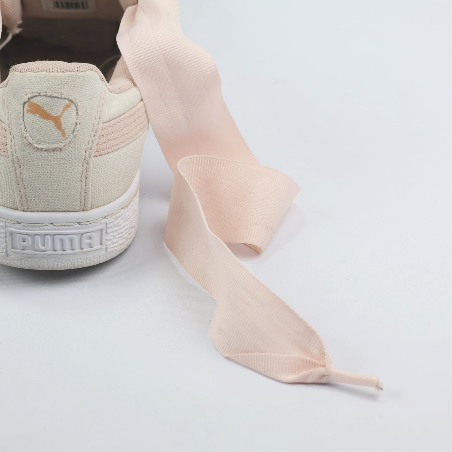 Pastel Pink & Beige Puma Basket Heart Canvas Thrift Shoes – Low Top Ribbon Sneakers